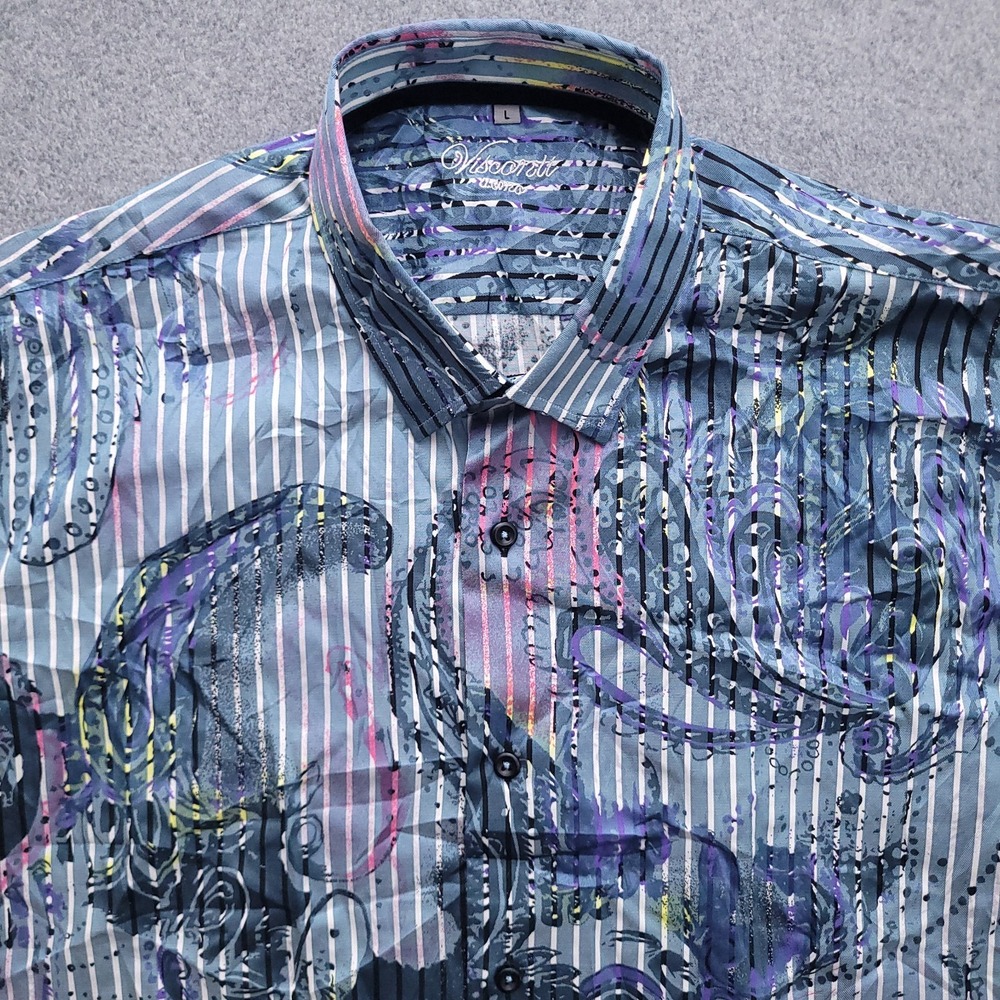Visconti Uomo Shirt Mens Large Blue Paisley Abstract Button Up Cotton Modal